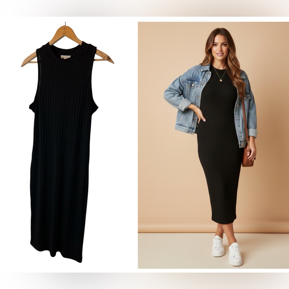Black Ribbed Midi Dress by love, Fire - Size Large